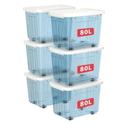 Image of Cetomo 80L*6 Storage Boxes with Wheels, Plastic Box Lid, Latching Buckles, Click Closure, Stackable, Nesting, Durable Organizer for Home Office Clothes, Clear Blue, 80L 6 Pack