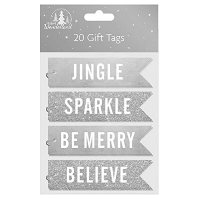 Image of Tallon Festive Wonderland Flag Shaped Christmas Tags, Silver Text Pack of 20