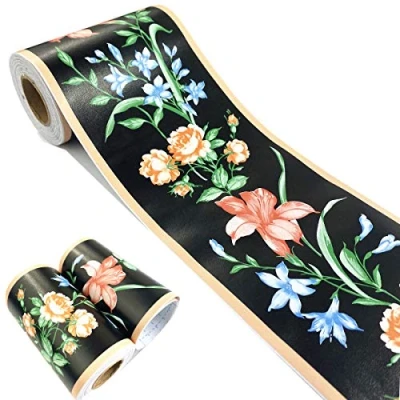 Image of MESOAR Self Adhesive Black Floral Rattan Wallpaper Border Peel Stick Decorative Ceiling Sticker Molding 10cm by 32.8ft