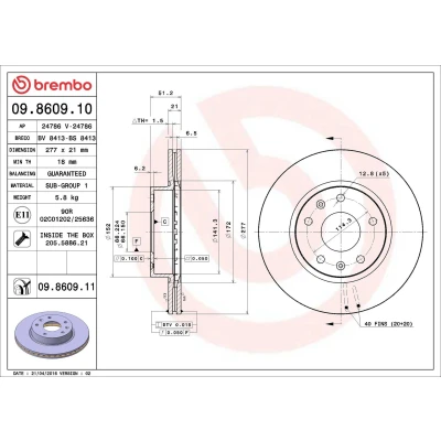 Image of SDB000080, SDB101070 Brake DISC BREMBO Coated LINE 09.8609.11 277mm 21mm 5 internally vented LAND ROVER: Freelander I Off Road