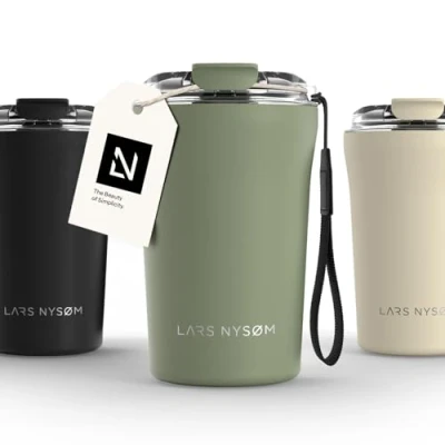 Image of LARS NYSØM Thermo Coffee Mug to Go with Strap 13oz Travel 0.38 Liter Insulation Leak Proof Stainless Steel Thermal Tumbler for and Tea (Sage Green, 380ml)