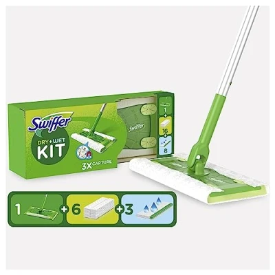Image of Swiffer Wet &amp; Dry Cleaning Mop Basic Kit for Wood and Floors, Includes: 1 Mop, 6 Cloths, 3 Cloths