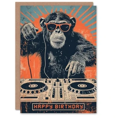 Image of Artery8 Birthday Card Retro DJ Chimp Sunglasses Ape Decks For Him Man Male Dad Brother Son Papa Grandad Greeting