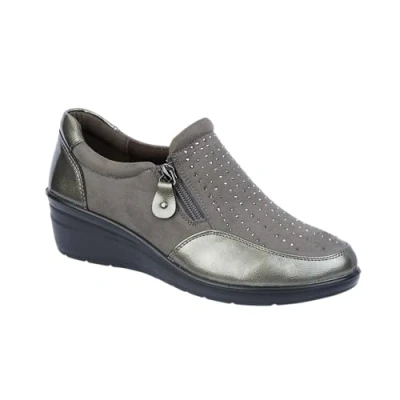 Image of Jo &amp; Joe Ladies Stylish Wedge Comfort Shoe with Twin Zips Delicate Diamante Trims Sizes 4 8 (Pewter, UK Footwear Size System, Adult, Women, Numeric, Medium, 7)