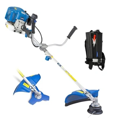 Image of Hyundai 52cc Petrol Grass Strimmer Trimmer &amp; Brush Cutter, 2 In 1 Garden Tool, 450mm Cutting Width, Heavy Duty, Split Shaft Design, Shoulder Harness Included With 3 Year Warranty