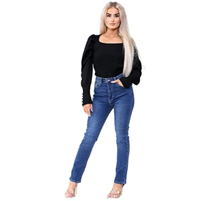 Image of 989Zé ENZO Womens High Waist Slim Straight Leg Jeans Stretch Cotton Denim Pants EZL423 Blue 18