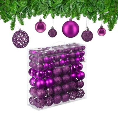 Image of Relaxdays Christmas Baubles 150, Glittering, Matt &amp; Shiny Surfaces, Tree Ornaments, Plastic, ∅ 3, 4 6 cm, Violet, 150er Set