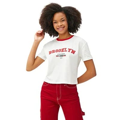 Image of Koton Women&#039;s Short Sleeve Crew Neck Printed T Shirt, Ecru (010), XS
