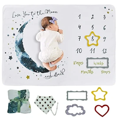 Image of wocharm Baby Milestone Mat Blanket photo prop with floral numbers Newborn Boy Girl Gift(Star&amp;Moon)