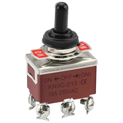 Image of Heschen metal toggle switch DPDT, KN3C 213. ON/OFF/(ON), side momentary 3 position 15A 250VAC CE with waterproof cover