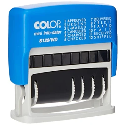 Image of COLOP S120/WD Dial a Phrase Date Stamp Blue &amp; Red Ink 105016 4mm Adjustable with 12 Office Based Words Prints Word in and