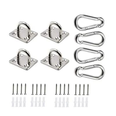 Image of HOMPER 4Pcs M5 304 Stainless Steel Oblong Pad Eye Plate and Carabiner Clips, Marine Hardware Staple Hook Loop With 16 Screws Plastic Plugs