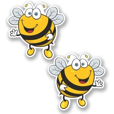 Image of 2no. 100mm Happy Bee Stickers Easy to Apply Vehicles, Laptops, Furniture etc. Self Adhesive