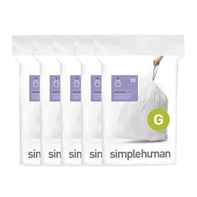 Image of simplehuman Code G 100 Count,Genuine Custom Fit Liners, Drawstring Trash Bags in Dispenser Packs, 30 Liter / 8 Gallon, White