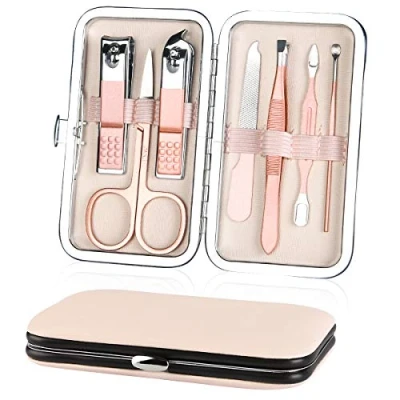 Image of URAQT Nail Clippers, 7 pcs Professional Manicure Set, Scissors &amp; Eyebrow Grooming Kit, Stainless Steel Care Tools with Luxurious Leather Case for Travel Home