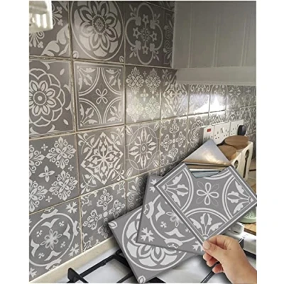 Image of 48 Grey Tile Stickers 4x4 Victorian Mosaic Style Transfers for Kitchen Bathroom Stick On Wall Peel N Decals Transfers. (4&quot; Stickers)