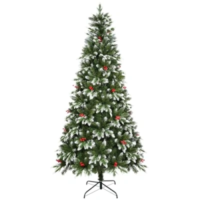 Image of Uten Artificial 6ft Christmas Tree, PE Deluxe Snowy Indoor Home Xmas Tree Decoration, 850 Natural Looking PVC and Tips, 31 Groups Red Berries, Hinged Branches, Metal Stand, Reusable