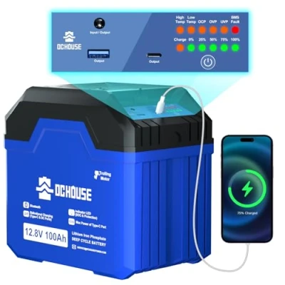 Image of DCHOUSE 12V 100Ah 3.0 Trolling Motor Marine Battery, Bluetooth &amp; Low Temp Cut Off with SOC Status Indicators, USB A, DC Ports, Built in 100A BMS, Up to 15000 Cycles
