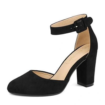 Image of DREAM PAIRS Womens High Heels Closed Toe Court Shoes Block Ankle Strap Ladies Sandals for Wedding,Size 6,Black/Suede,Angela