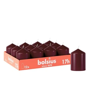 Image of Bolsius Smooth Pillar Candles Burgundy Pack of 12 8 x 6 cm Decorative Household Burn Time 17 Hours Unscented Contains Natural Plant Wax Without Palm Oil