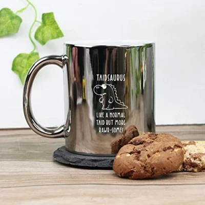 Image of eBuyGB Taidsaurus Mug, Taid Dinosaur Engraved Shiny Silver Metallic Reveal Coffee Father&#039;s Day Gift for Welsh Grandad, Grandpa, Birthday Gift, Funny Present