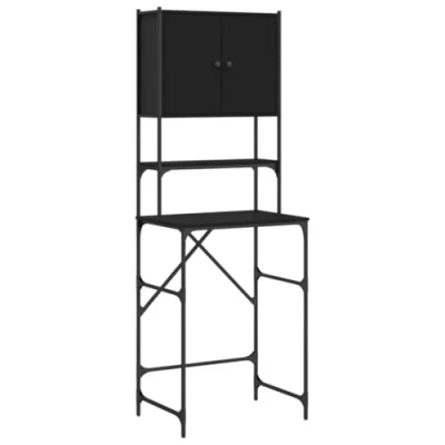 Image of vidaXL Washing Machine Cabinet with Ample Storage Space Engineered Wood, Metal Frame Black Bathroom Organizer Shelf Adjustable Feet