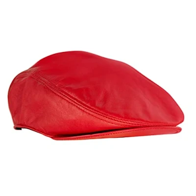 Image of Mens Red Flat Hat Leather Beret Newsboy Gatsby Golf Cabbie Cap 2XL