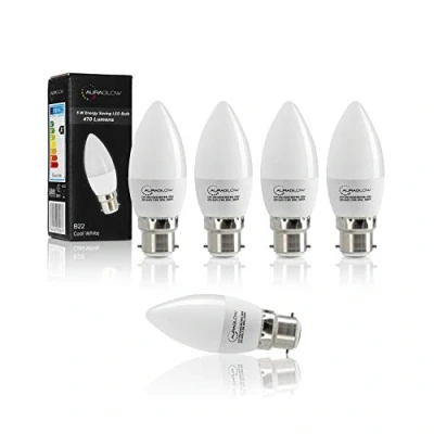 Image of Auraglow 5w LED B22 Candle Light Bulb, Cool White, 6500K, 470 Lumens 40w EQV 5 Pack