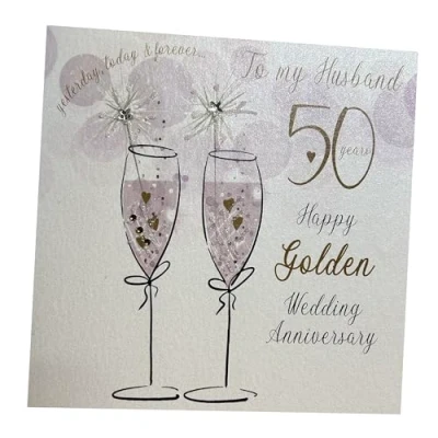 Image of WHITE COTTON CARDS To My Husband On Our Golden, Handmade 50th Anniversary Card (Champagne Flutes, Code P50H),16cm x 16cm