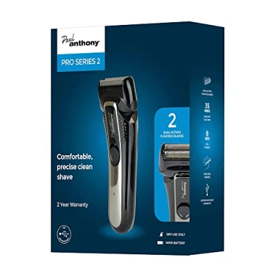 Image of Paul Anthony Pro Series 2 Mens USB Cordless Foil Shaver/Recharge by Any Power Source/Twin Blades for Closer Shave/Cordless Operation/Retractable Precision Trimmer Black/Metal H5020