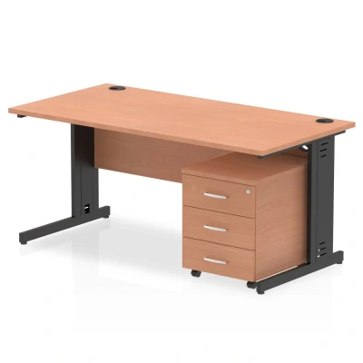 Image of Impulse 1600x800 Desk Beech/Black Cable Managed 3 Drawer Mobile Ped