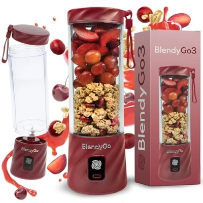 Image of BlendyGo 3 Portable Blender, Smoothie Maker, Small Powerful Cordless Mini USB Maker to Go, Stand BPA Free, PulseMotion &amp; BlendPro Technology, 550 ml (Burgundy)