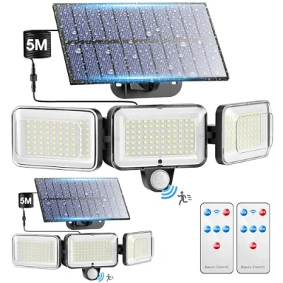 Image of PIKOY Solar Security Lights Outdoor Motion Sensor, 224 LED+2000LM+300 Wide Angle Lighting, Remote 4 Modes Flood Lights,IP65 Waterproof Light 2Pack