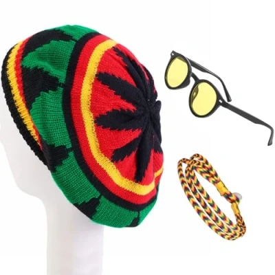 Image of Belligern 3 Pcs Rasta Set, Knit Hat Jamaican Dreadlocks Wig with Yellow Glasses and Braided Bracelet, Funny Hats for Adults Parties, Cosplay, Masquerade