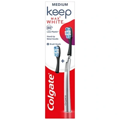 Image of Colgate Keep 360 Max White toothbrush Starter Pack replaceable head reusable metal handle 2x replacement heads stain removing cups