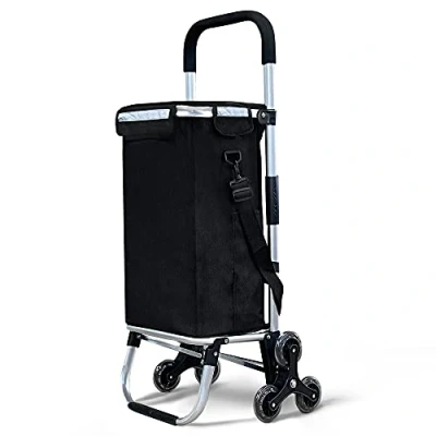Image of VOUNOT Folding Shopping Trolley on 6 Wheels, Aluminium Lightweight Cart with Insulated Cooling Bag, Stair Climbing Grocery Trolley, 57L, Black