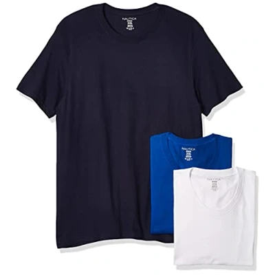 Image of Nautica Men&#039;s Cotton Crew Neck 3 Pack T Shirt Polo, Peacoat/Cobalt/White, XL