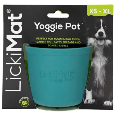 Image of LickiMat Yoggie Pot Distraction, Fun and Enrichment. Long Lasting Rubber Licking Treat Dispenser for All Dog Sizes Slow Feeder Small Dogs. The Newest LickiMat, Turquoise