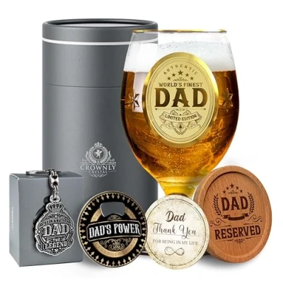 Image of CROWNLY CRYSTAL® Personalized Beer Glass Birthday Gifts for Dad from Daughter or Son Best Gift Ideas Men