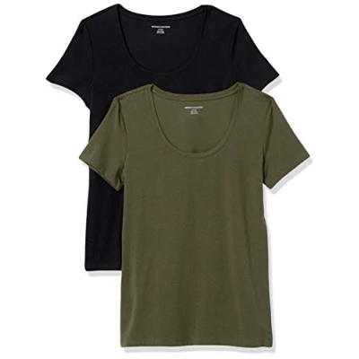 Image of Amazon Essentials Women&#039;s Classic Fit Short Sleeve Scoop Neck T Shirt (Available in Plus Size), Pack of 2, Dark Olive/Black, S