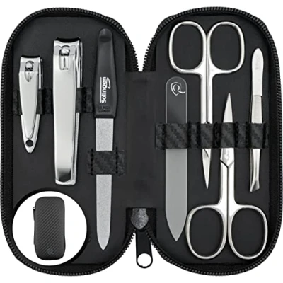 Image of marQus Manicure Set for Men and Women Solingen Made in Germany 7 Pieces with Patented Glass File Hand Foot Care Faux Leather Case Carbon Look