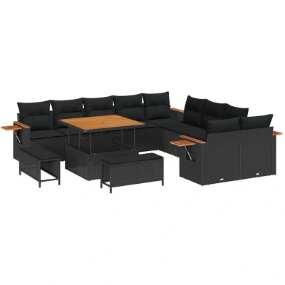 Image of vidaXL 13 Piece Garden Sofa Set with Cushions Black Poly Rattan Acacia
