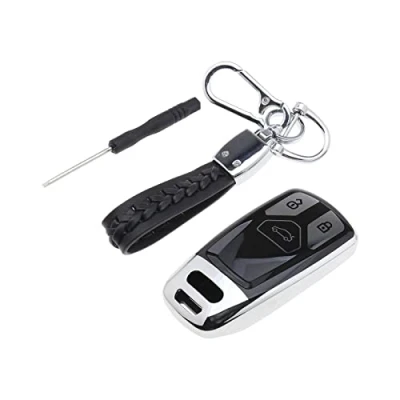 Image of eMagTech Car Key Cover TPU 3 Buttons Fob Case Shell Drop proof with Chain Silver 360 Degree Full Protection Compatible A4 A5 Q7 Q5 TT TTS S4 S5 RS4 RS5