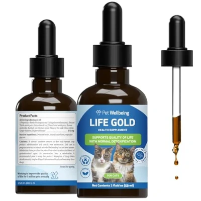Image of Pet Wellbeing Life Gold for Cats Immune Support, Antioxidants, Normal Detoxification, Cellular Health, Astragalus, Blessed Thistle Veterinarian Formulated Herbal Supplement 2 oz (59 ml)