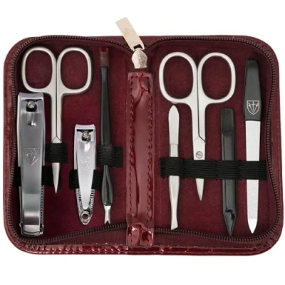 Image of 3 Swords Germany brand quality 8 piece manicure pedicure grooming kit set burgundy synthetic leather case in gift box, Made by
