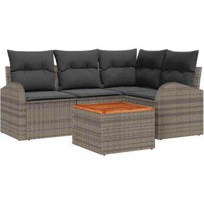 Image of vidaXL 5 Piece Garden Sofa Set with Cushions Grey Poly Rattan Acacia