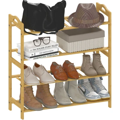 Image of 4 Tier Shoe Rack, Bamboo Shelf Stand, Natural Wood Finish Homcom