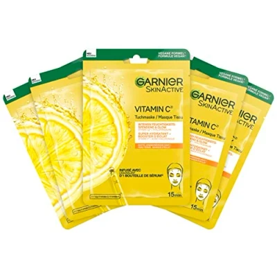 Image of Garnier Moisturising Cloth Masks for Sensitive Skin, with Hyaluronic Acid and Vitamin C, Radiant Skin Glow Effect, SkinActive, 5 x 1