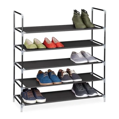 Image of Relaxdays Shoe Rack With Handles, Fleece Fabric, 90.5 x 87 29.5 cm, 5 Shelves For up to 25 Pairs of Shoes, Black