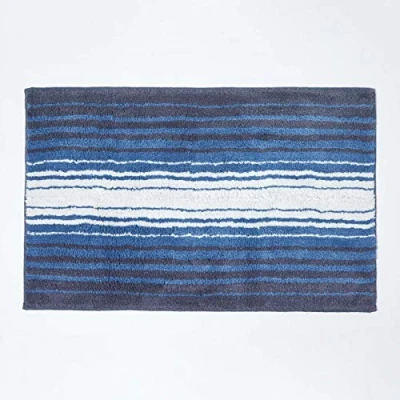 Image of HOMESCAPES Super Absorbent Soft 100% Cotton ‘Devon’ Blue and White Bathmat with Striped Geometric Pattern Non Slip Latex Backing, 50 x 80 cm Large Shower Mat Machine Washable